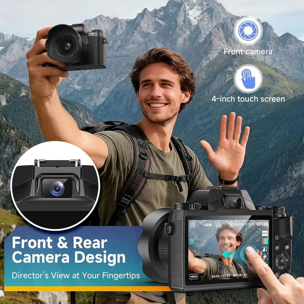 4K Digital Camera for Photography, 64MP Dual Lens Vlogging Camera with 4.0' Touchscreen, Point and Shoot Camera for Beginners Teens, WiFi Digital Camera with 16X Digital Zoom & 64GB SD Card