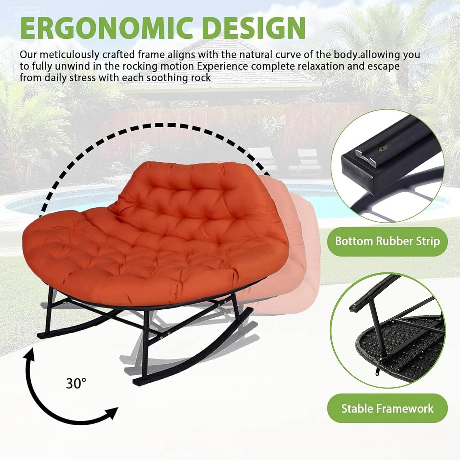 YOXIFOC Double Rocking Chair, Indoor and Outdoor Dual Lounge Chair, with Extra Thick and Large Cushion, Suitable for Living Room/Patio/Garden (Orange)