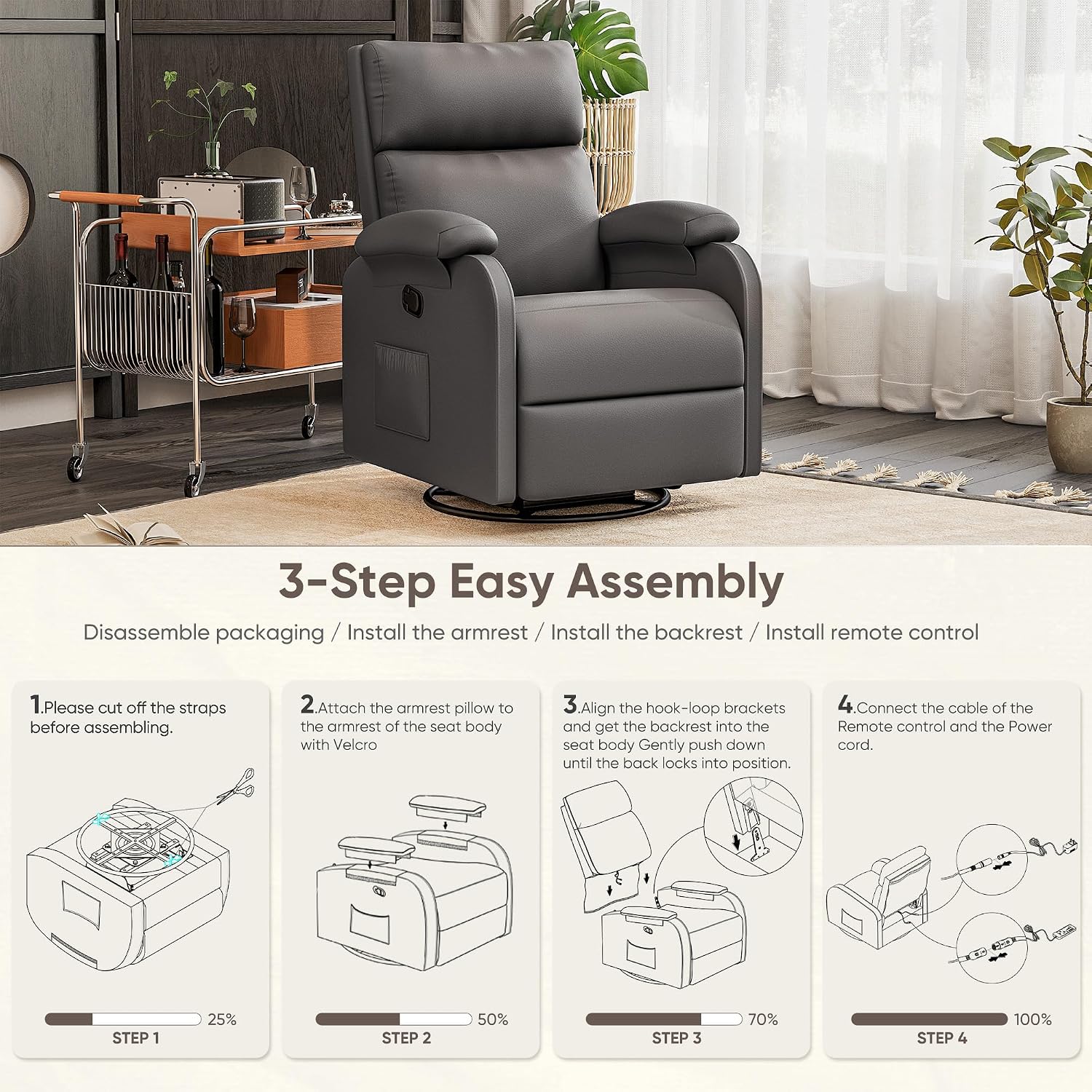 Homall Recliner Chair, 360 Swivel Rocking Chair for Adults, Massage Nursery Chair with Adjustable Backrest and Footrest, PU Leather Glider Rocker Recliners with Side Pocket for Living Room (Grey)