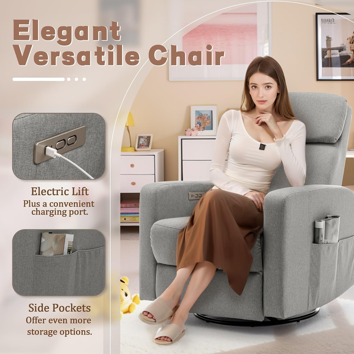 Korser Power Swivel Recliner Chairs for Adults, Electric Glider Rocking Chair Nursery, Glider Recliner Nursery Chair with Classified Side Pocket, Nursery Rocking Chairs with USB and Type-C Ports