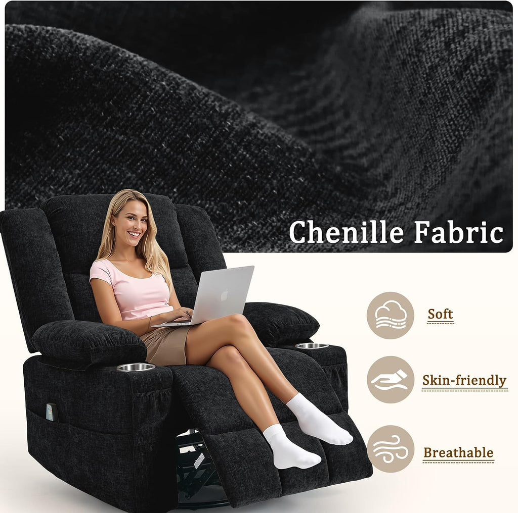 Korser Adult 360° Rotating Recliner with Massage and Heating Functions, Cup Holder and Manual Tilt Mechanism, Suitable for Living Room and Bedroom (Fabric, Black)