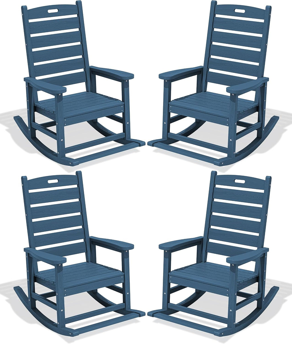 SERWALL Outdoor Rocking Chair Set of 4, Oversized HDPE Patio Rocking Chair with Footrest for Adults, All Weather Porch Rocker for Deck Patio Balcony, Navy