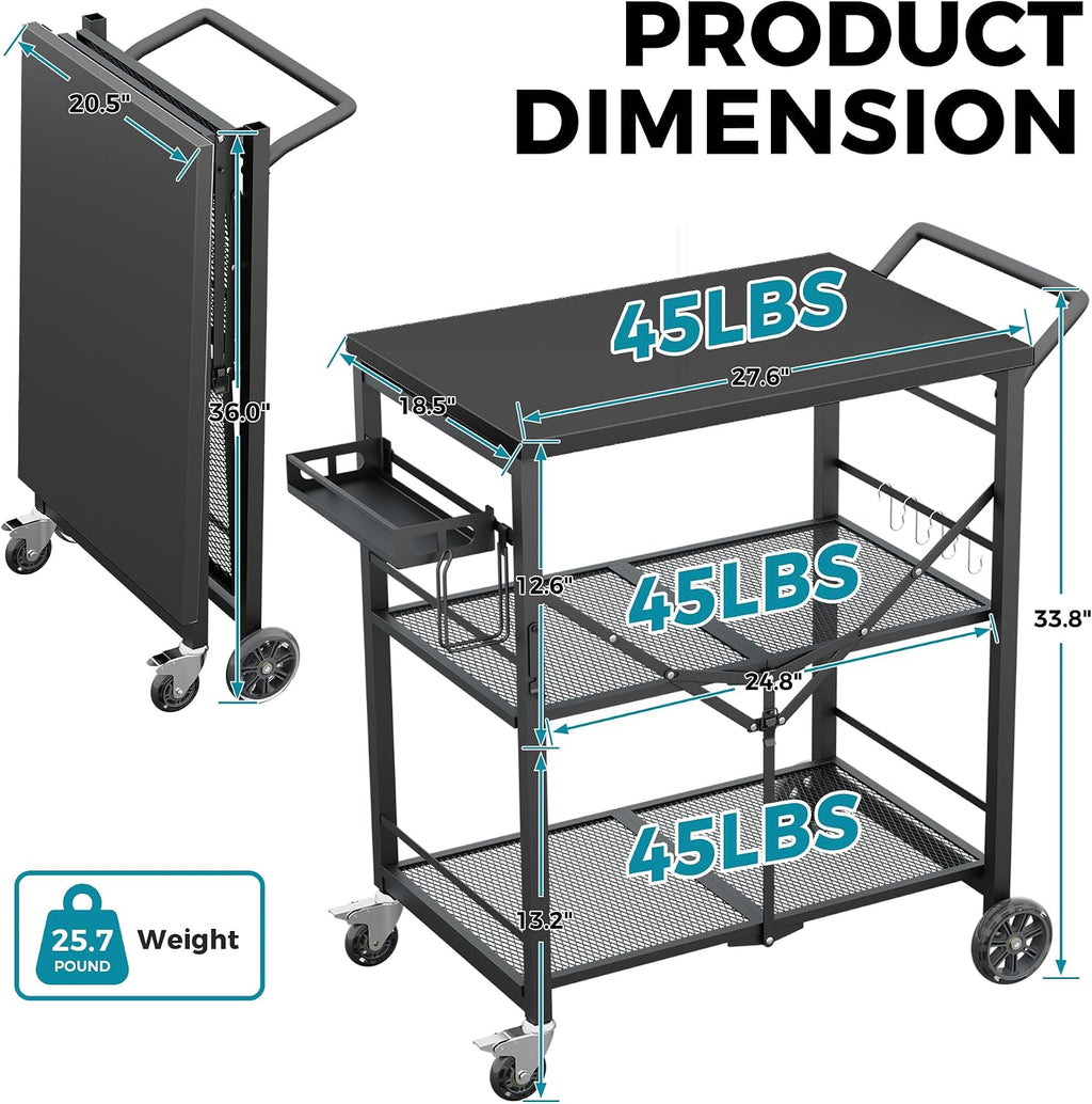 Ciokea Folding Outdoor Grill Cart with Wheels, Foldable Outdoor Grill Table with 27'x18' INCH Top, 3-Shelf Prep Table, Pizza Oven Stand, Metal Portable Kitchen Cart for BBQ Patio Camping (All Black)