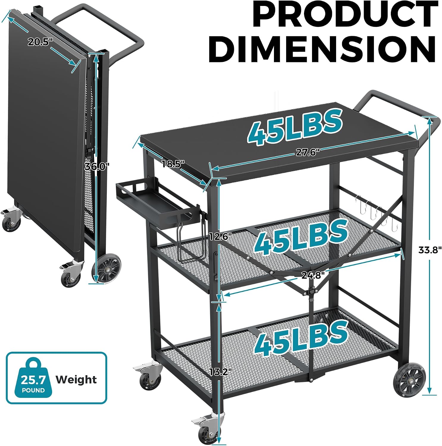 Ciokea Folding Outdoor Grill Cart with Wheels, Foldable Outdoor Grill Table with 27'x18' INCH Top, 3-Shelf Prep Table, Pizza Oven Stand, Metal Portable Kitchen Cart for BBQ Patio Camping (All Black)