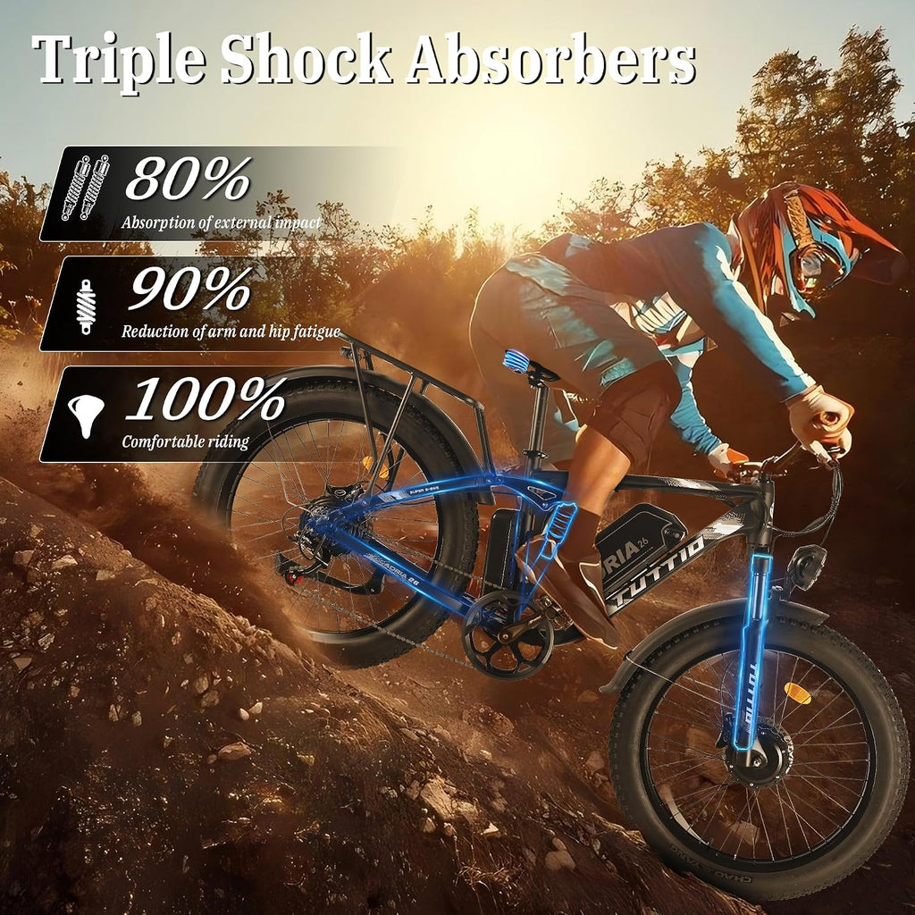 TUTTIO Adria26 5000W/6000W Dual Motor Ebike, 40-46MPH Electric Bike for Adults, 26' x 4' Fat Tire Electric Mountain Bike, 52V 25AH E-Bike Full Suspension Electric Dirt Bike for Off-Road Hunting