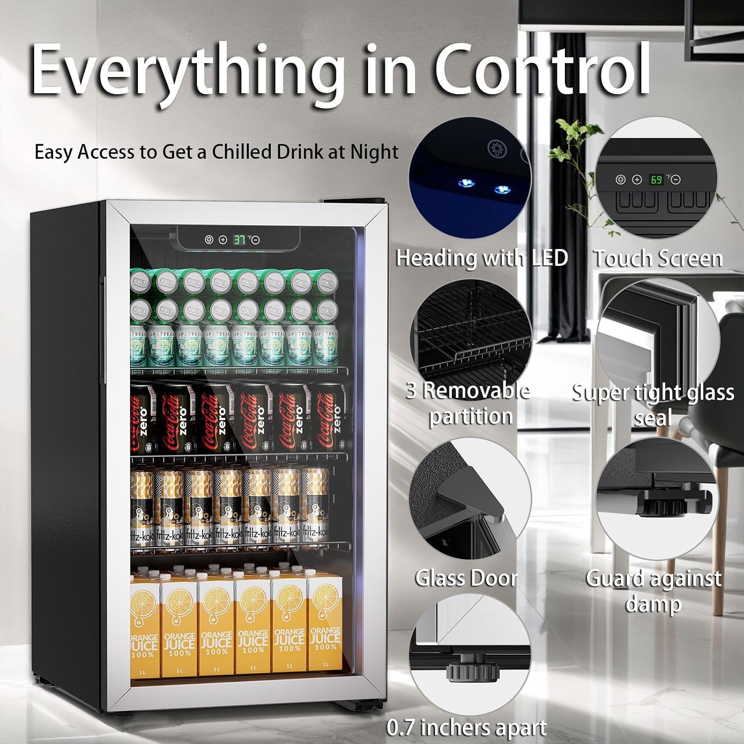 Erivess 3.0 Cubic Feet/105 Can Beverage Refrigerator,28 Inch Fridge with Adjustable Shelve & LED Display for Soda Beer or Wine, Drink Refrigerator for Home Bar Office(Silver)