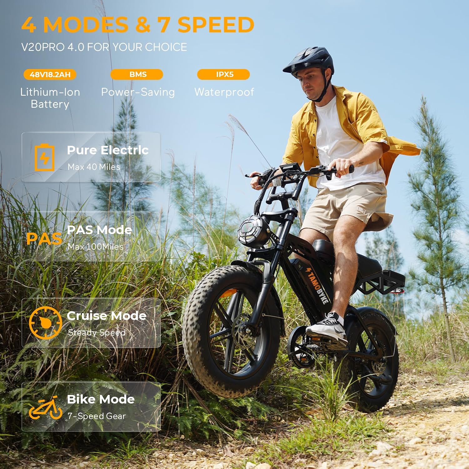 Tamobyke V20 Series Moped 750W/1500W Electric Bike for Adults,28mph/30mph/33mph Ebike&25-68Miles PAS Range,48V15.6ah/18.2ah/ (874Wh) Larger Battery, 20'' Fat Tire Electric Bike,UL 2849 Certified.
