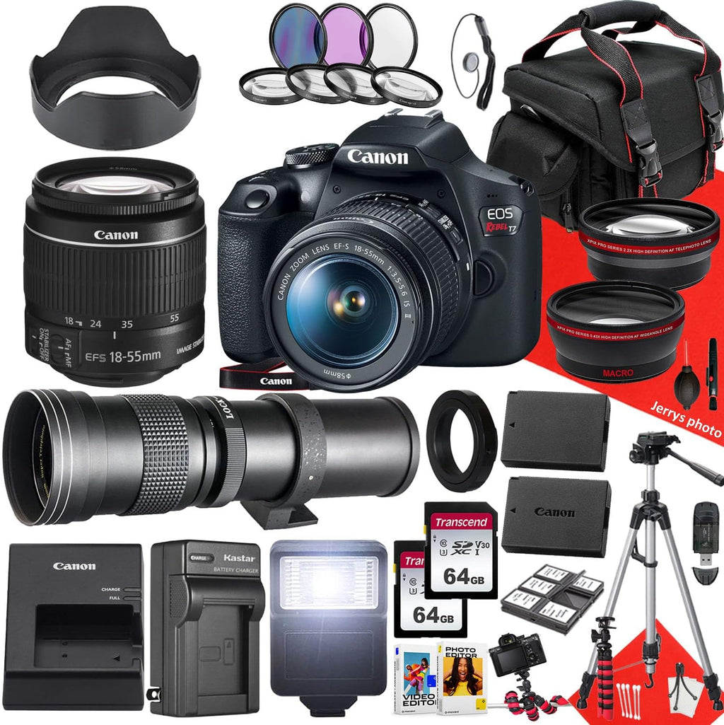 Canon EOS Rebel T7 / 2000D DSLR Camera with Canon EF-S 18-55mm f/3.5-5.6 is II and 420-800mm f/8.3 HD Telephoto Zoom Lens + 128 GB Memory + Filters + Tripod + More (33pc Bundle) (Renewed), Black