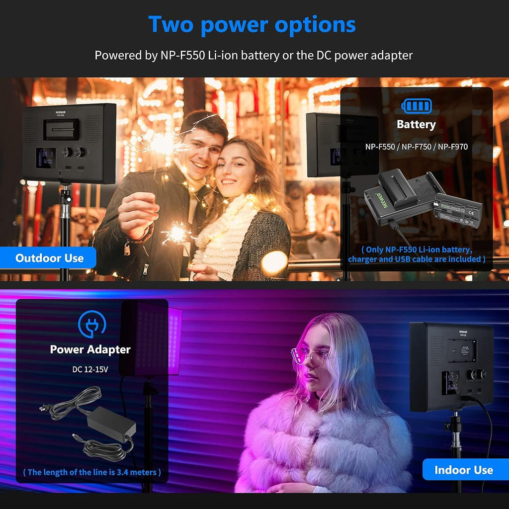 NEEWER 2 Pack RGB Video Light with Tripod Stands NP-F550 Batteries, Studio LED Panel Key Lighting Kit for Game Streaming YouTube Recording Photography Photoshoot Podcast, APP Control/CRI97+, RGB-P280