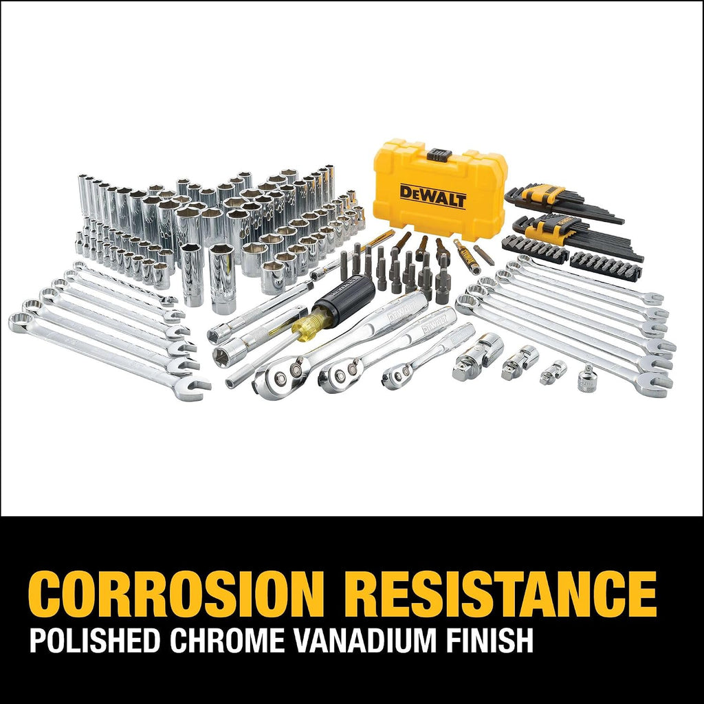 DEWALT Mechanic Tool Set with Case, Socket Set Metric and Standard Full, 1/4' & 3/8' Drive, Hex Keys and Specialty Tools, 168-Piece (DWMT73803)