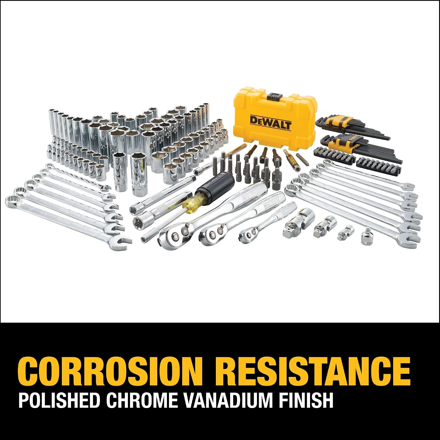 DEWALT Mechanic Tool Set with Case, Socket Set Metric and Standard Full, 1/4' & 3/8' Drive, Hex Keys and Specialty Tools, 168-Piece (DWMT73803)