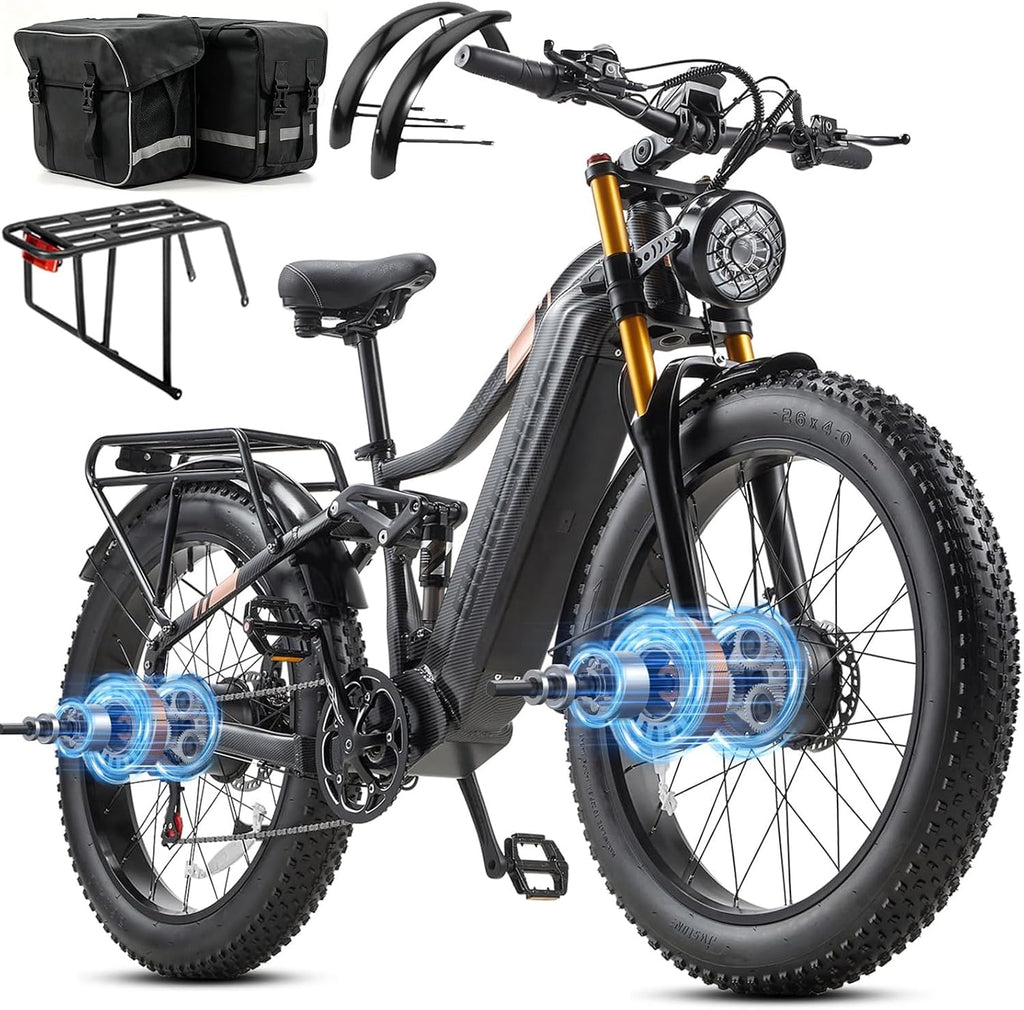 DAMSON Electric Bike for Adults Dual Motor AWD 5000W/3000W/1500W Peak 40MPH/30MPH Dirt Ebike, 52V/48V Max-Output Up to 65/80/120/160 Miles Long Range, 26' Full Suspension Fat Tire Mountains Bicycle