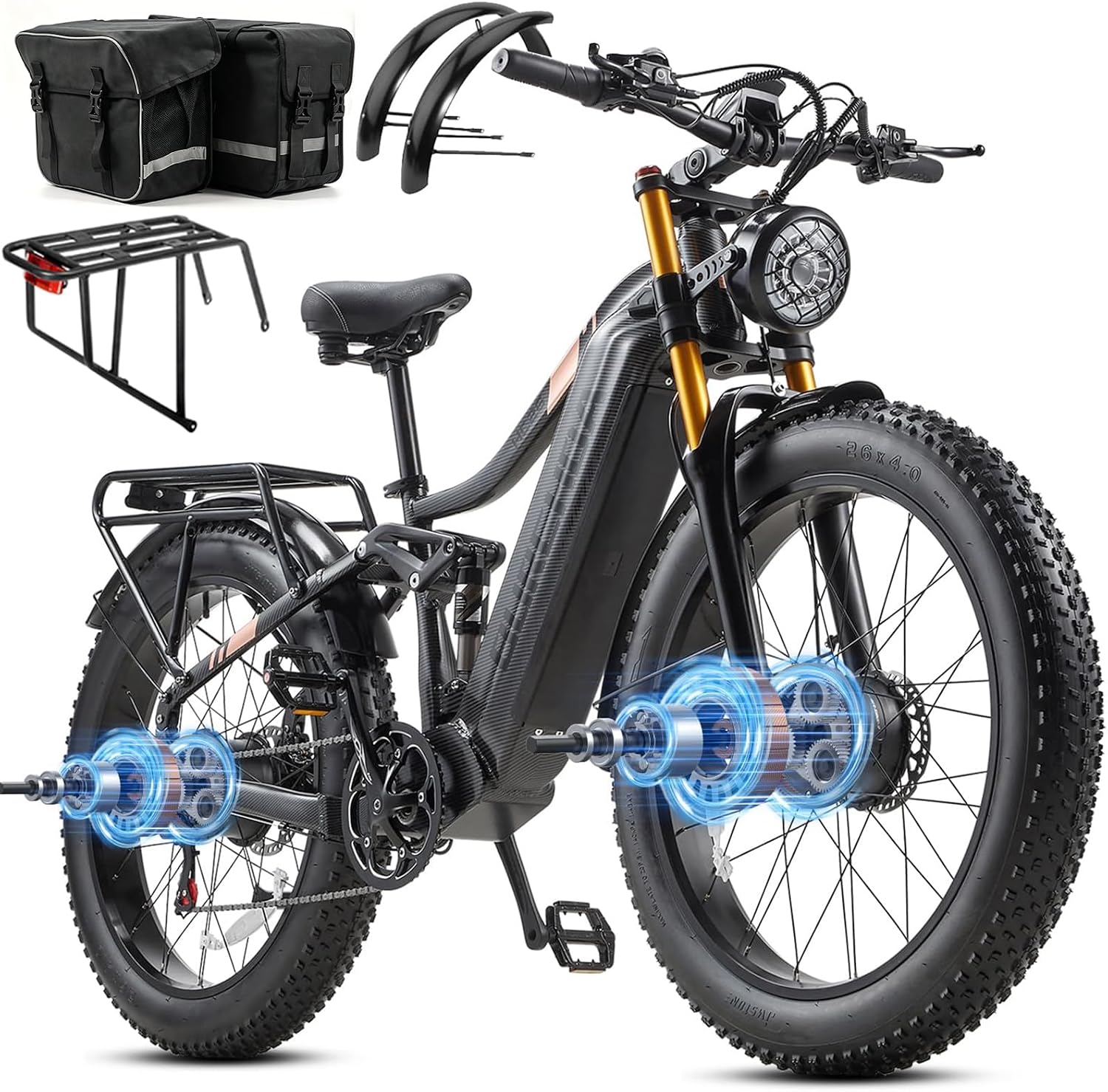 DAMSON Electric Bike for Adults Dual Motor AWD 5000W/3000W/1500W Peak 40MPH/30MPH Dirt Ebike, 52V/48V Max-Output Up to 65/80/120/160 Miles Long Range, 26' Full Suspension Fat Tire Mountains Bicycle