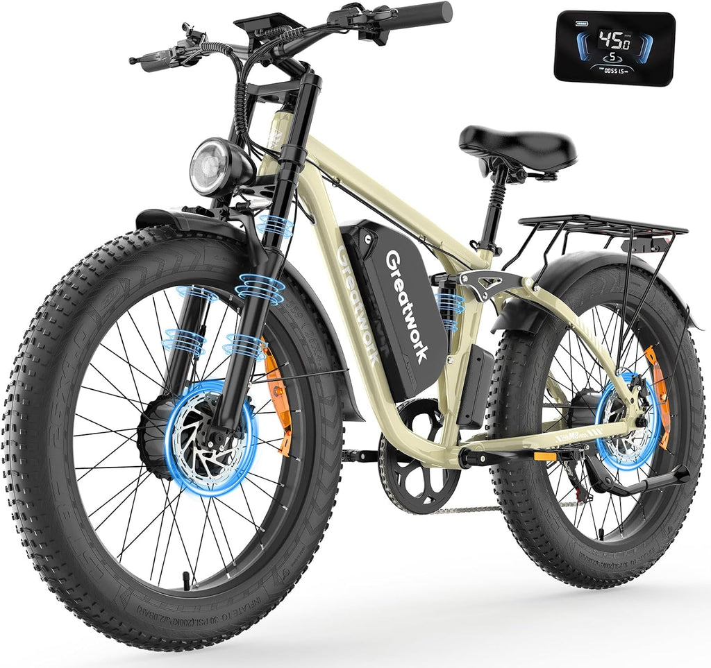 GREATWORK 52V 5000W Peak Dual Motor Electric Bike for Adults, 1300Wh Battery, Up to 45MPH & 100 Miles Range, 26' x 4.0 Fat Tire Electric Dirt Bike with Suspension, Mountain E-Bike for Men Women