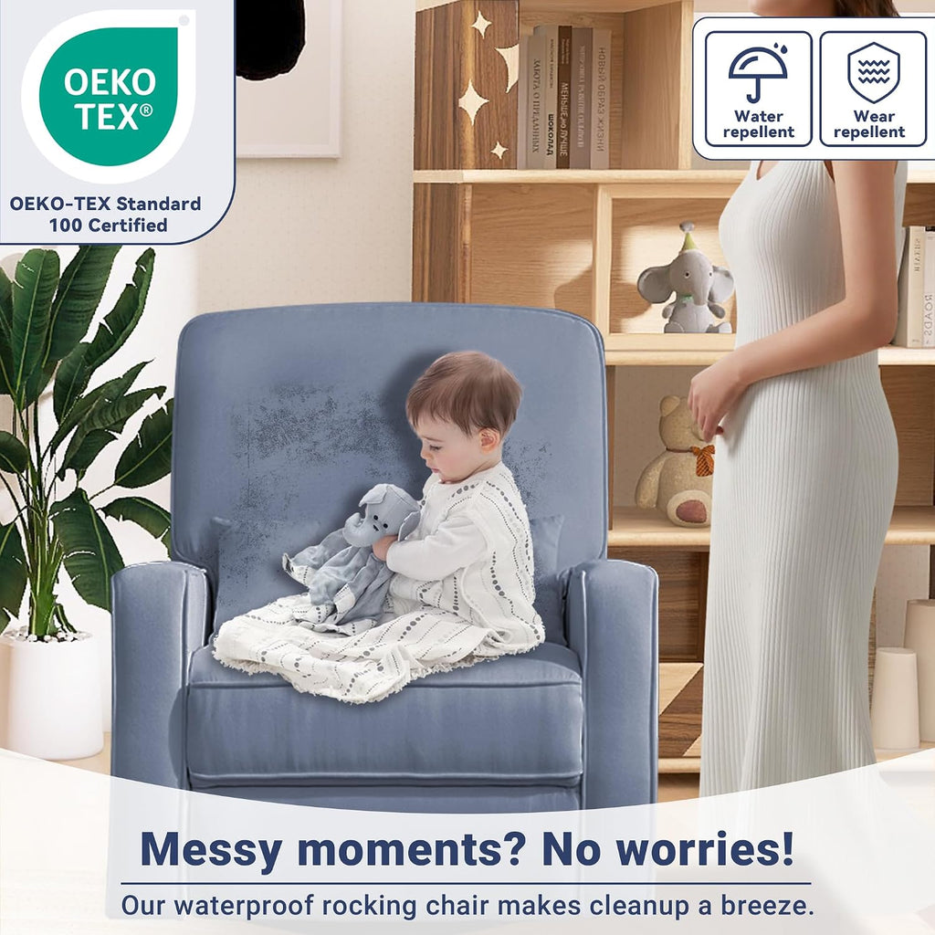 Tbfit Nursery Rocking Chair,360°Swivel Recliner Chair with Lumbar Support for Bedroom, Comfy Upholstered Armchair with Pillows & Footrest for Living Room & Baby Room