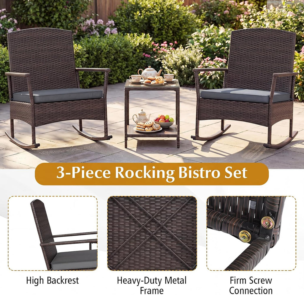 Tangkula 3 Pieces Rocking Wicker Bistro Set, Outdoor Front Porch Rocker Chairs Conversation Set with 2-Tier Tempered Glass Coffee Table and Thick Cushions for Garden, Balcony, Poolside (Gray)