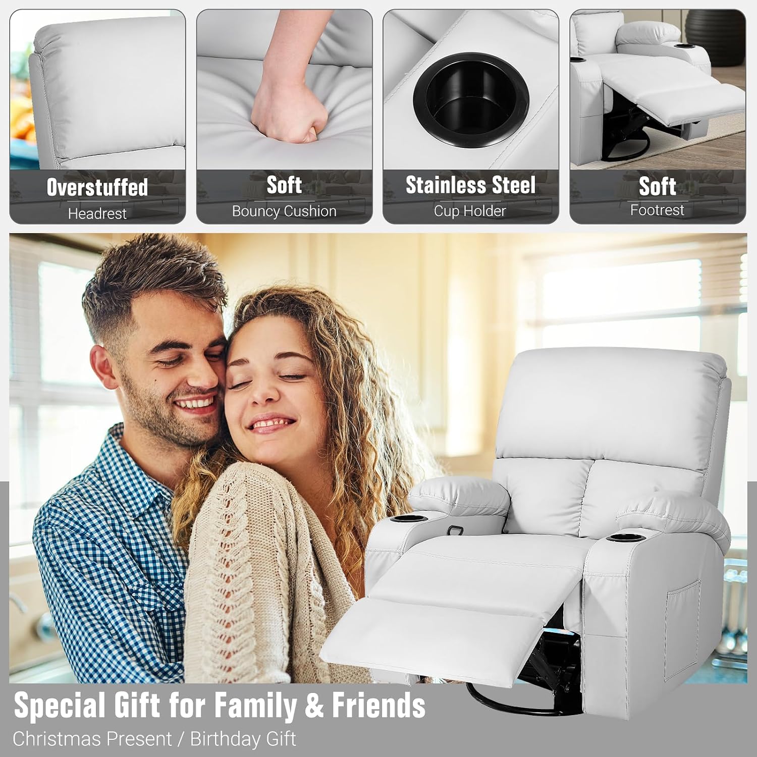 LAFWELL Rocking Recliner Chair, Massage Rocker Recliner Chair with Vibration Massage and Heat, 360° Swivel Recliner Chairs, Living Room, Bedroom, Nursery, RV, Grey
