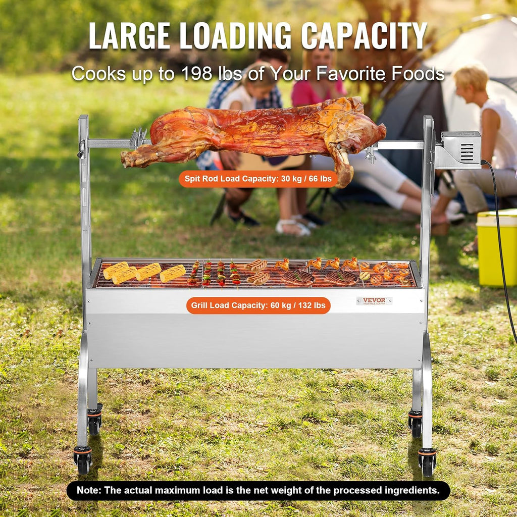 VEVOR Rotisserie Grill, BBQ Whole Pig Lamb Goat Charcoal Spit Grill, 46 Inch 132 Lbs Capacity, Electric 52W Motor Stainless Steel Rotisserie Roaster with Lockable Wheels, for Camping Outdoor
