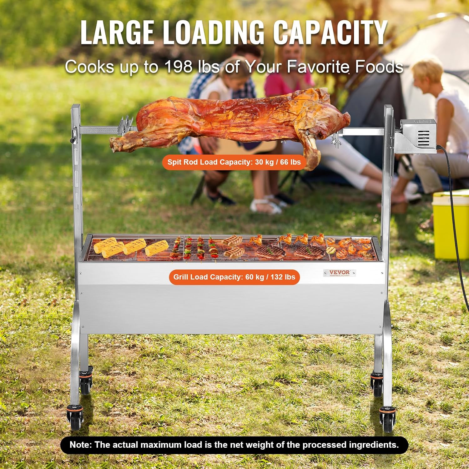 VEVOR Rotisserie Grill, BBQ Whole Pig Lamb Goat Charcoal Spit Grill, 46 Inch 132 Lbs Capacity, Electric 52W Motor Stainless Steel Rotisserie Roaster with Lockable Wheels, for Camping Outdoor