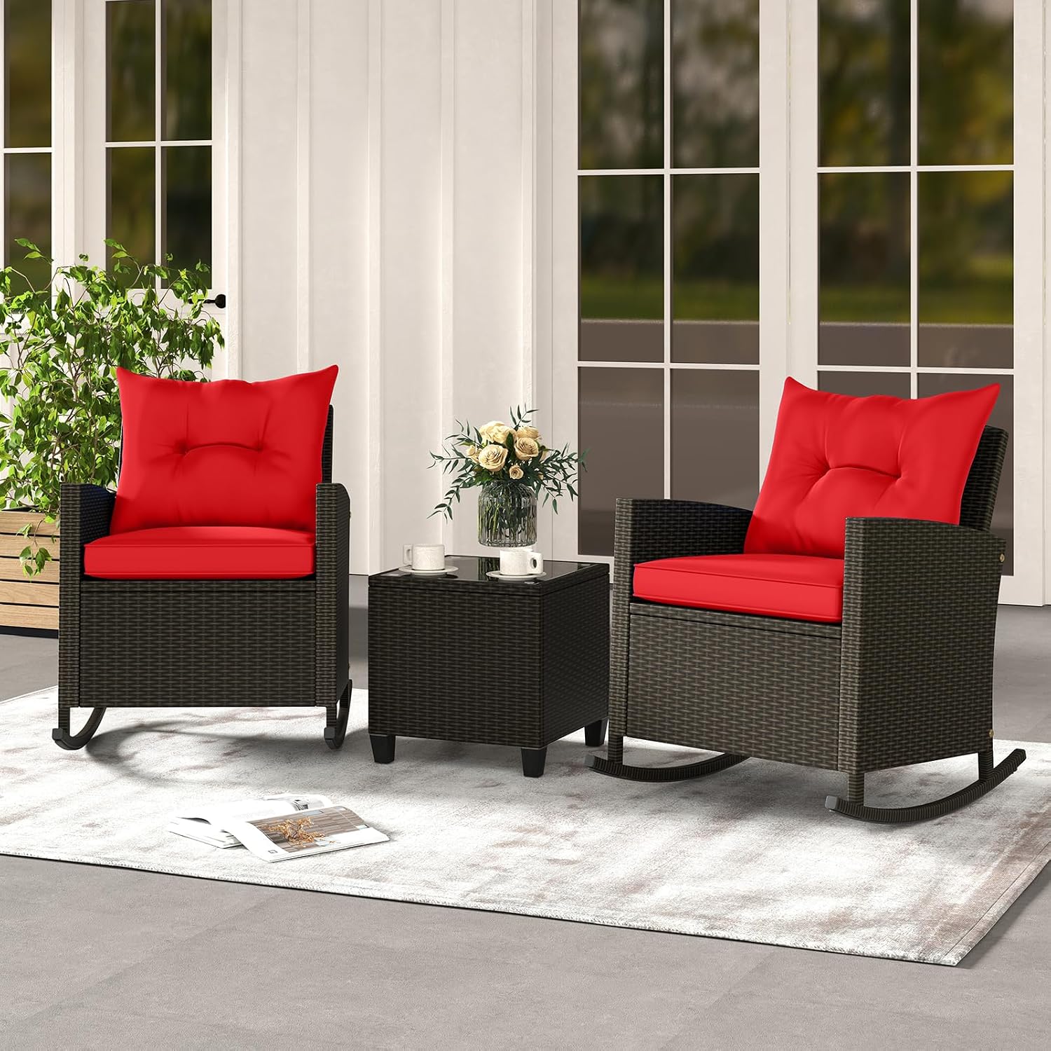 Tangkula 3 Piece Wicker Rocking Set, Patio Rattan Roker Chairs with Tempered Glass Table & Soft Cushions, Outdoor Furniture Set for Backyard, Poolside Porch (Red)