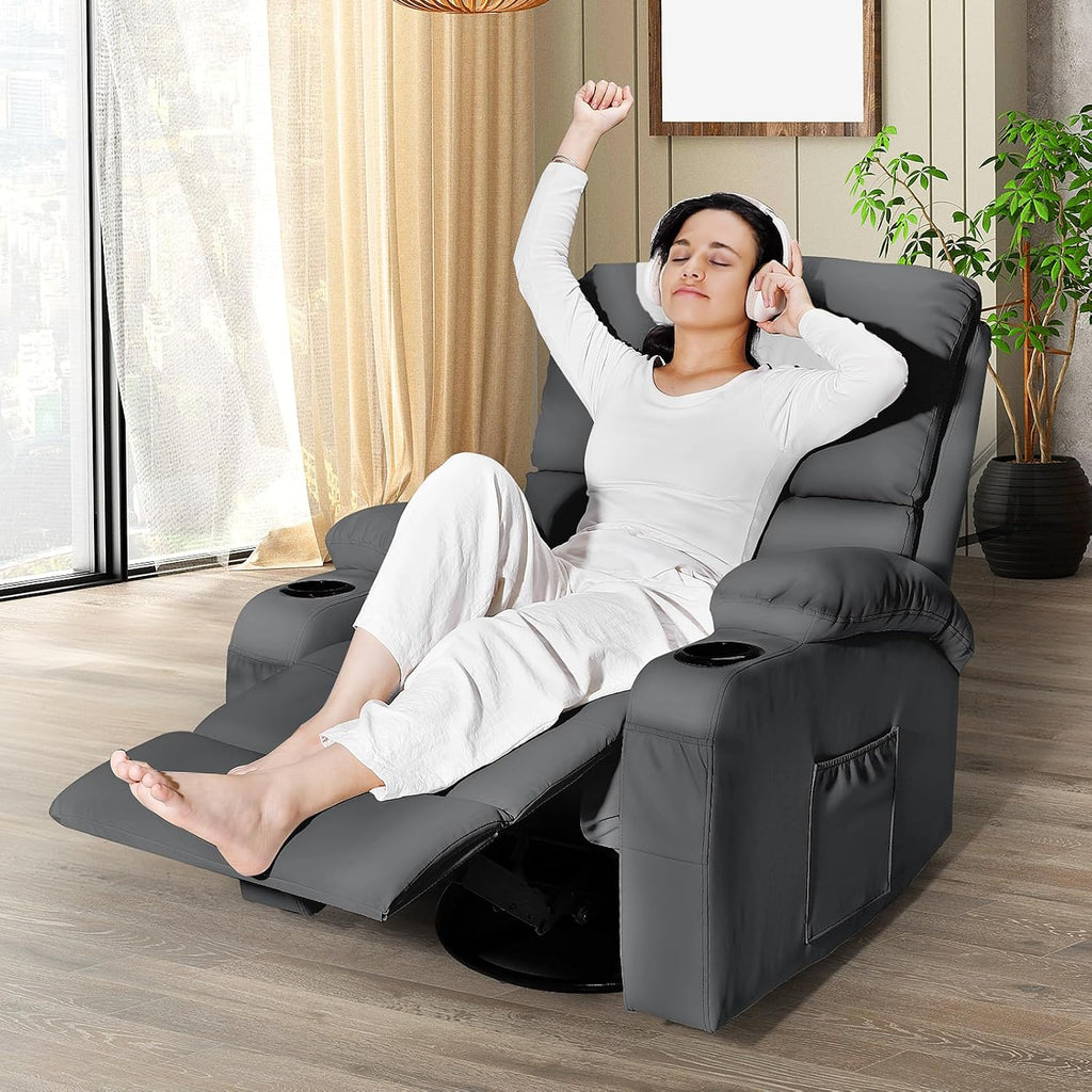 LAFWELL Rocking Recliner Chair, Massage Rocker Recliner Chair with Vibration Massage and Heat, USB and Type-C Ports,360° Swivel Faux Leather Chairs, Living Room, Bedroom, Nursery, RV, Dark Grey