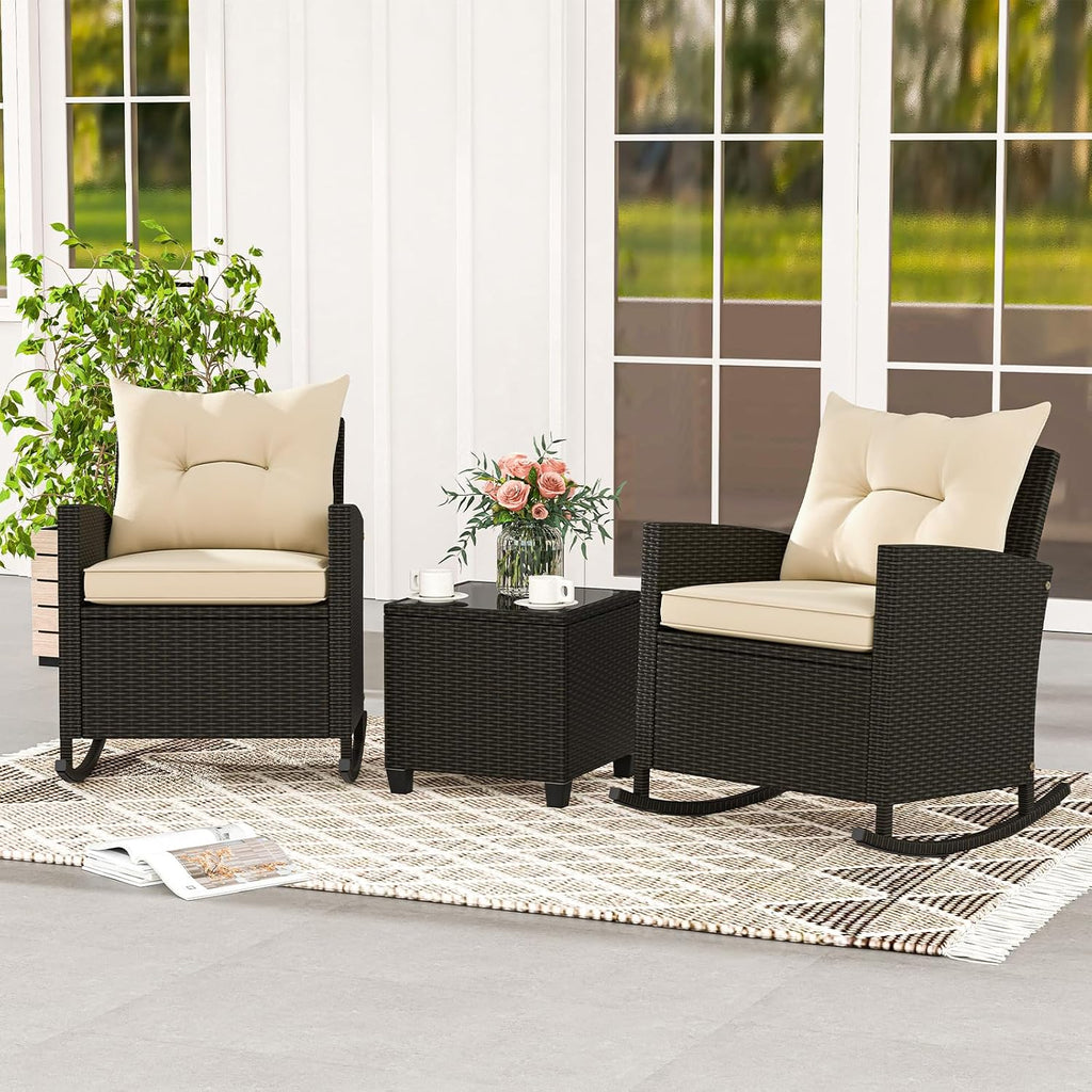 Tangkula 3 Piece Wicker Rocking Set, Patio Rattan Roker Chairs with Tempered Glass Table & Soft Cushions, Outdoor Furniture Set for Backyard, Poolside Porch (Beige)
