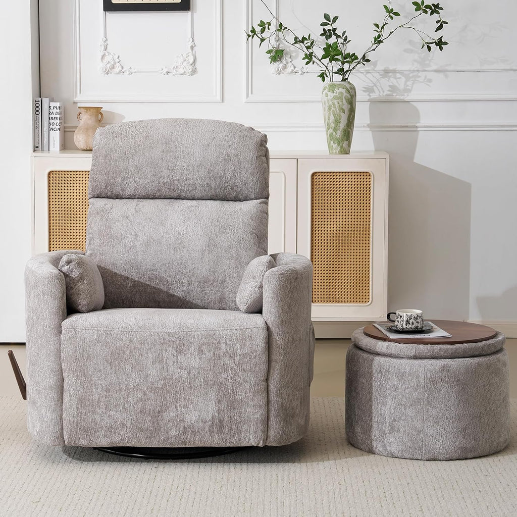 Oversized Swivel Rocker Recliner Chair with Massage and Heat, Manual Swivel Glider Rocker Recliner with 2 Bolster Pillows, Rocking Nursery Chair with Storage Ottoman , Adjustable Headrest, Light Grey