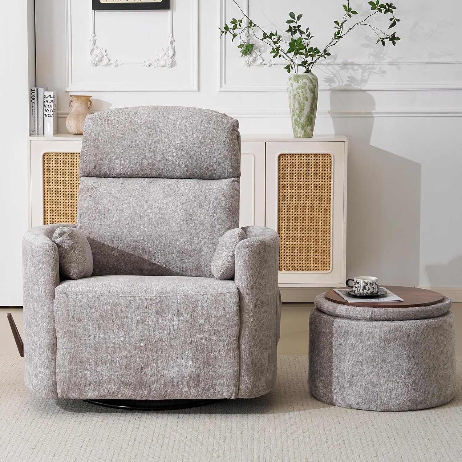 Oversized Swivel Rocker Recliner Chair with Massage and Heat, Manual Swivel Glider Rocker Recliner with 2 Bolster Pillows, Rocking Nursery Chair with Storage Ottoman , Adjustable Headrest, Light Grey