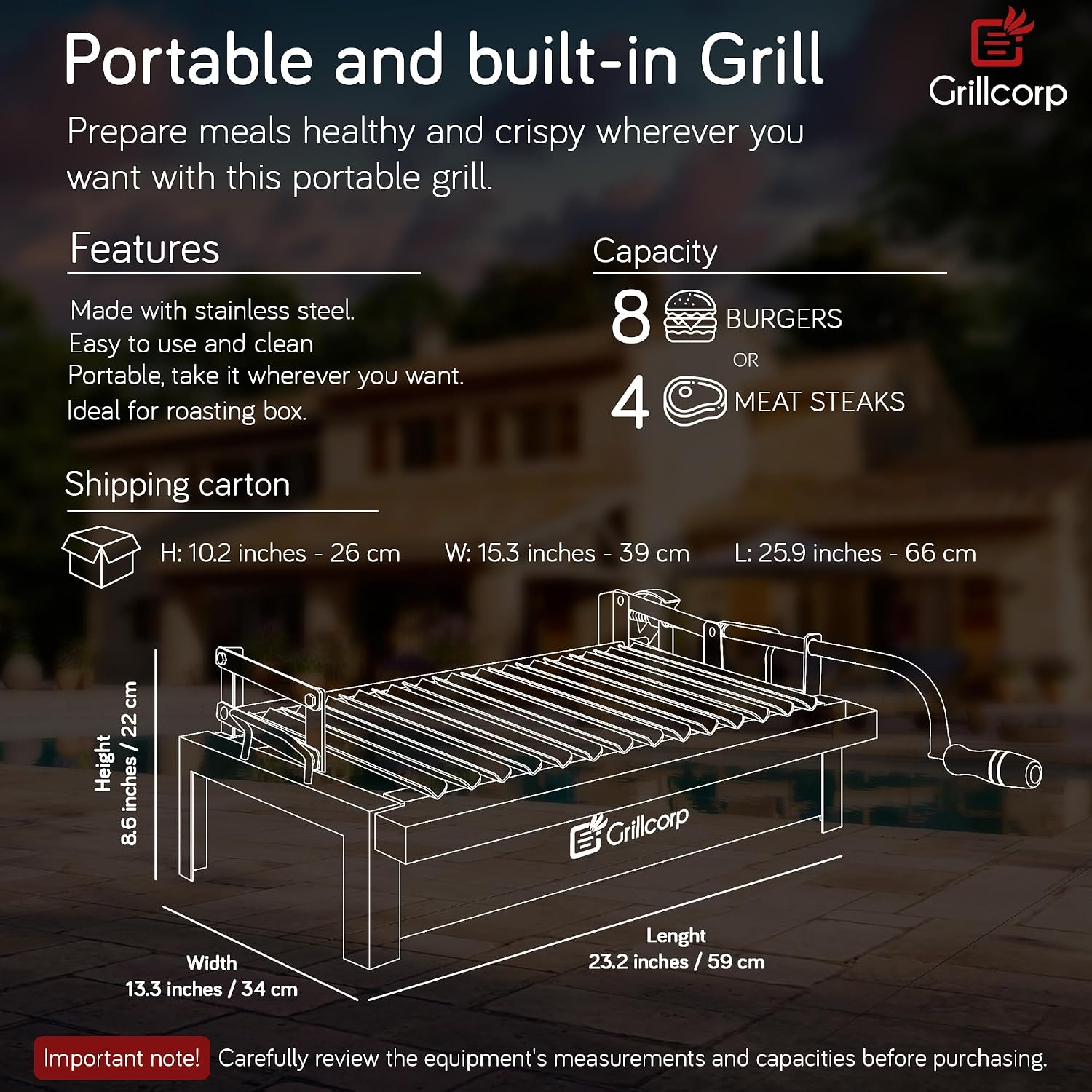Medium Argentine Grill – Portable & Built-in 100% Stainless Steel BBQ with Lifting System & Drip Pan – Fits Medium Grillcorp Roasting Box – Outdoor Cooking & Camping Accessory