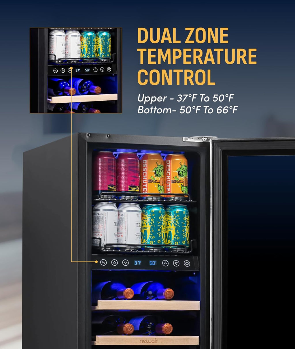NewAir 15' Dual Zone Beverage Refrigerator & Wine Cooler for 9 Bottles & 48 Cans | Freestanding or Built-In Under Counter Mini Fridge for Beer, Wine and Soda | Stainless Steel