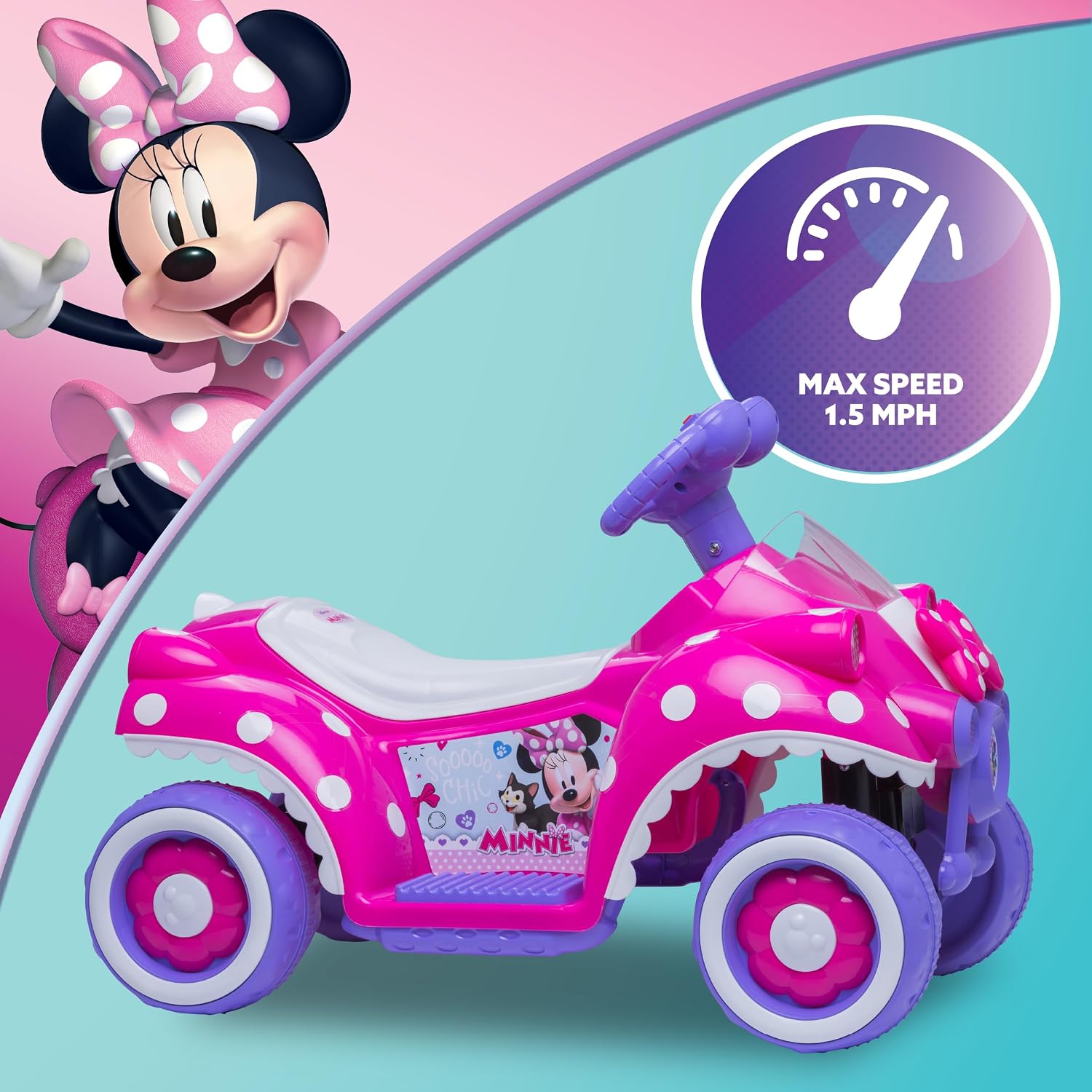 Kid Trax Toddler Disney Minnie Mouse Quad Ride-On, Kids 18-30 Months, 6V Battery and Charger Included, Max Weight 45 lbs, Hot Pink