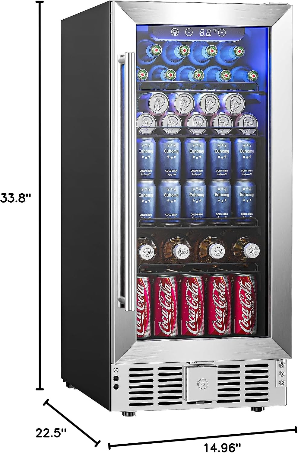 EUHOMY 15 Inch Beverage Refrigerator Cooler Under Counter 127 Cans Beverage Fridge Built-in or Freestanding with Glass Door, LED Light, Beer Fridge for Soda, Water, Wine - Home Kitchen Bar.
