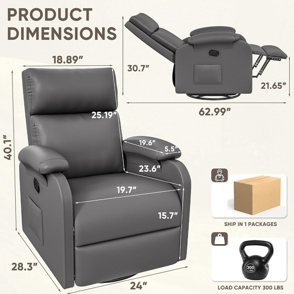 Homall Recliner Chair, 360 Swivel Rocking Chair for Adults, Massage Nursery Chair with Adjustable Backrest and Footrest, PU Leather Glider Rocker Recliners with Side Pocket for Living Room (Grey)