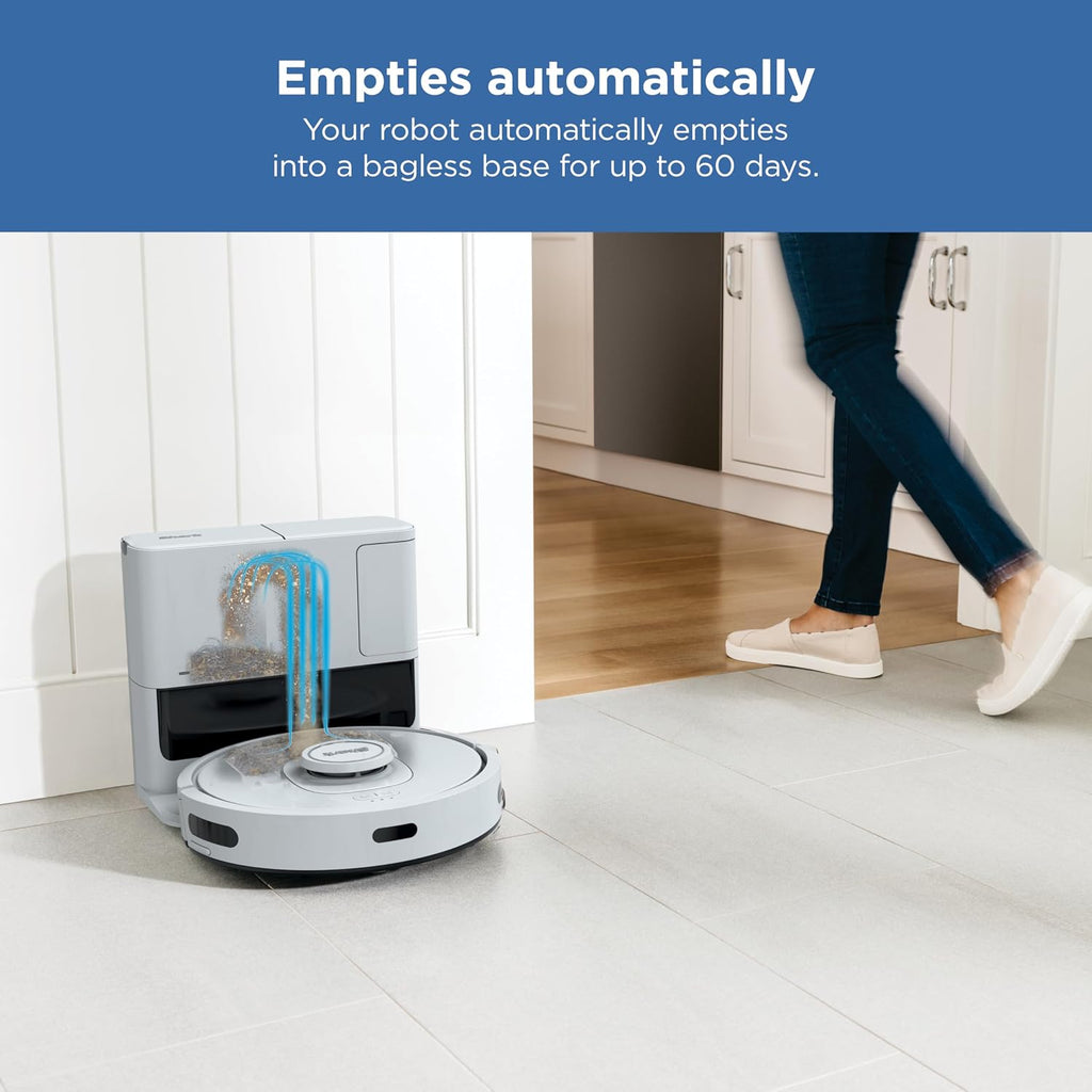 Shark IQ Robot Vacuum with Bagless Self-Empty 60 Day Capacity Base, Multi-Surface Cleaning, Powerful Suction, Pet Hair Pickup, for Carpets & Hardfloors, Home Mapping, White, RV2302AE