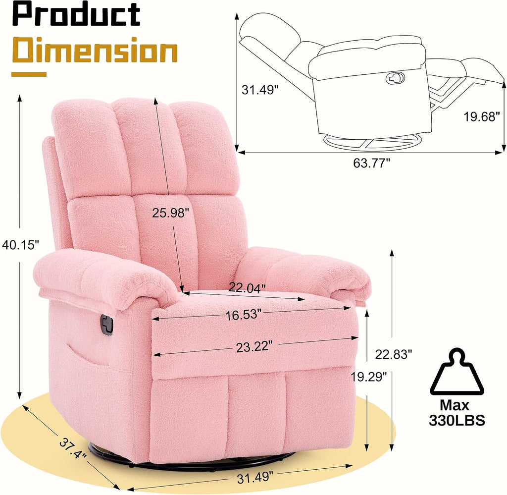 Korser Recliner Chair, Swivel Rocker Recliner Chair for Adults, Small Recliners for Small Spaces, Manual Recliner with Side Pockets, Upholstered Nursery Rocking Chair for Living Room, Sherpa, Pink
