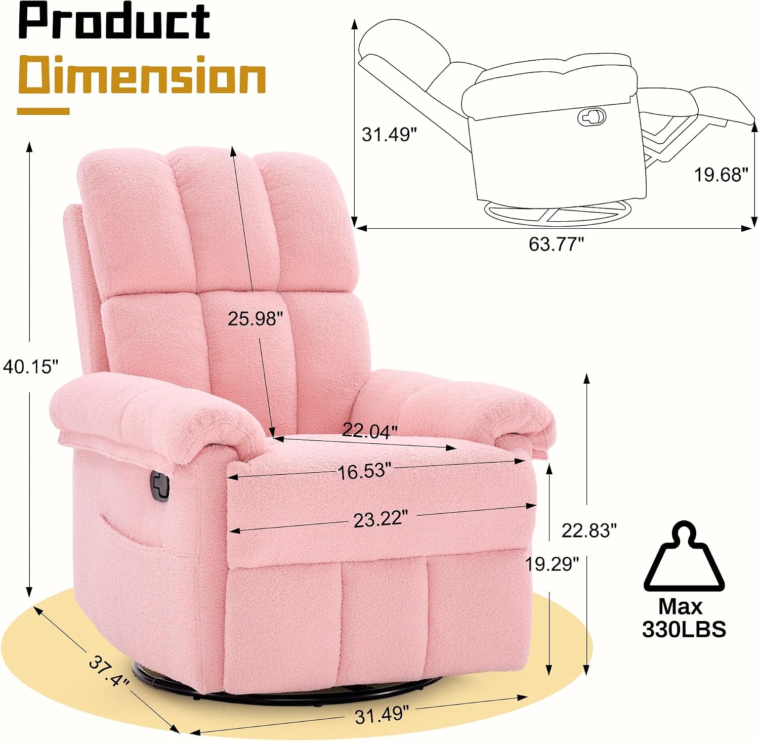 Korser Recliner Chair, Swivel Rocker Recliner Chair for Adults, Small Recliners for Small Spaces, Manual Recliner with Side Pockets, Upholstered Nursery Rocking Chair for Living Room, Sherpa, Pink