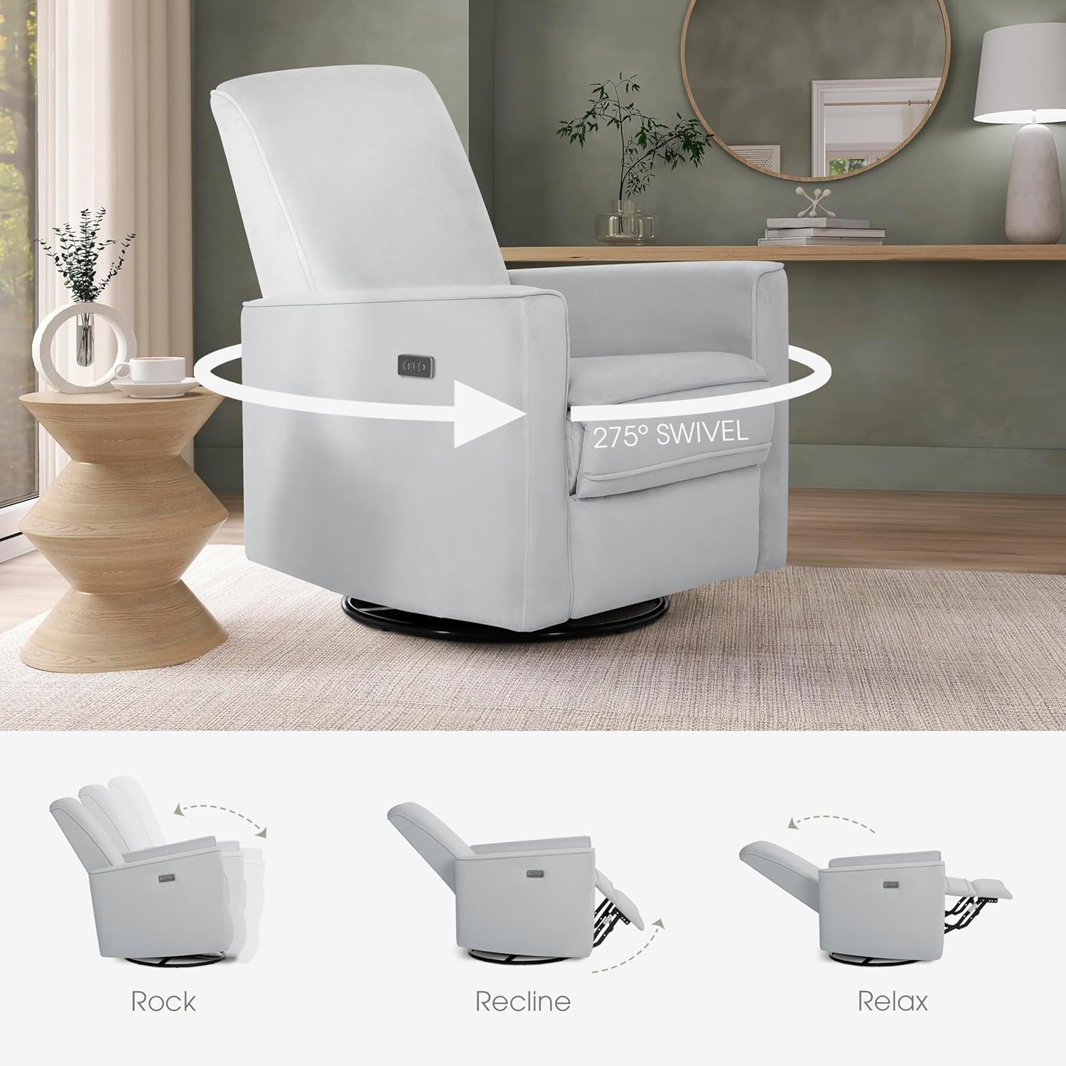 Evolur Harlow Upholstered Power Glider Recliner with USB Charging – Rocking & 275° Swivel with Smooth Glide – Greenguard Gold & FSC Certified – Modern Nursery and Living Room Chair in Grey