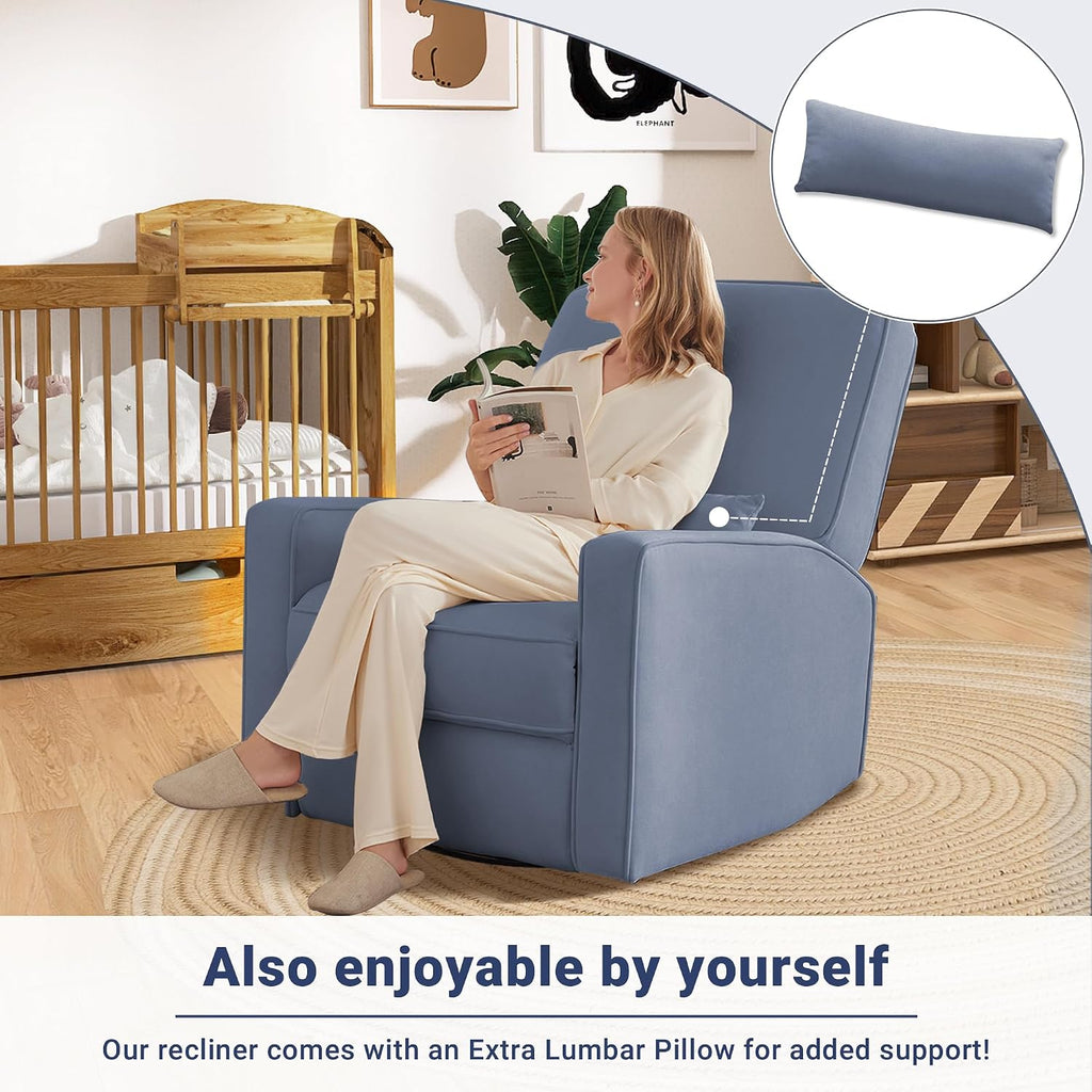 Tbfit Nursery Rocking Chair,360°Swivel Recliner Chair with Lumbar Support for Bedroom, Comfy Upholstered Armchair with Pillows & Footrest for Living Room & Baby Room