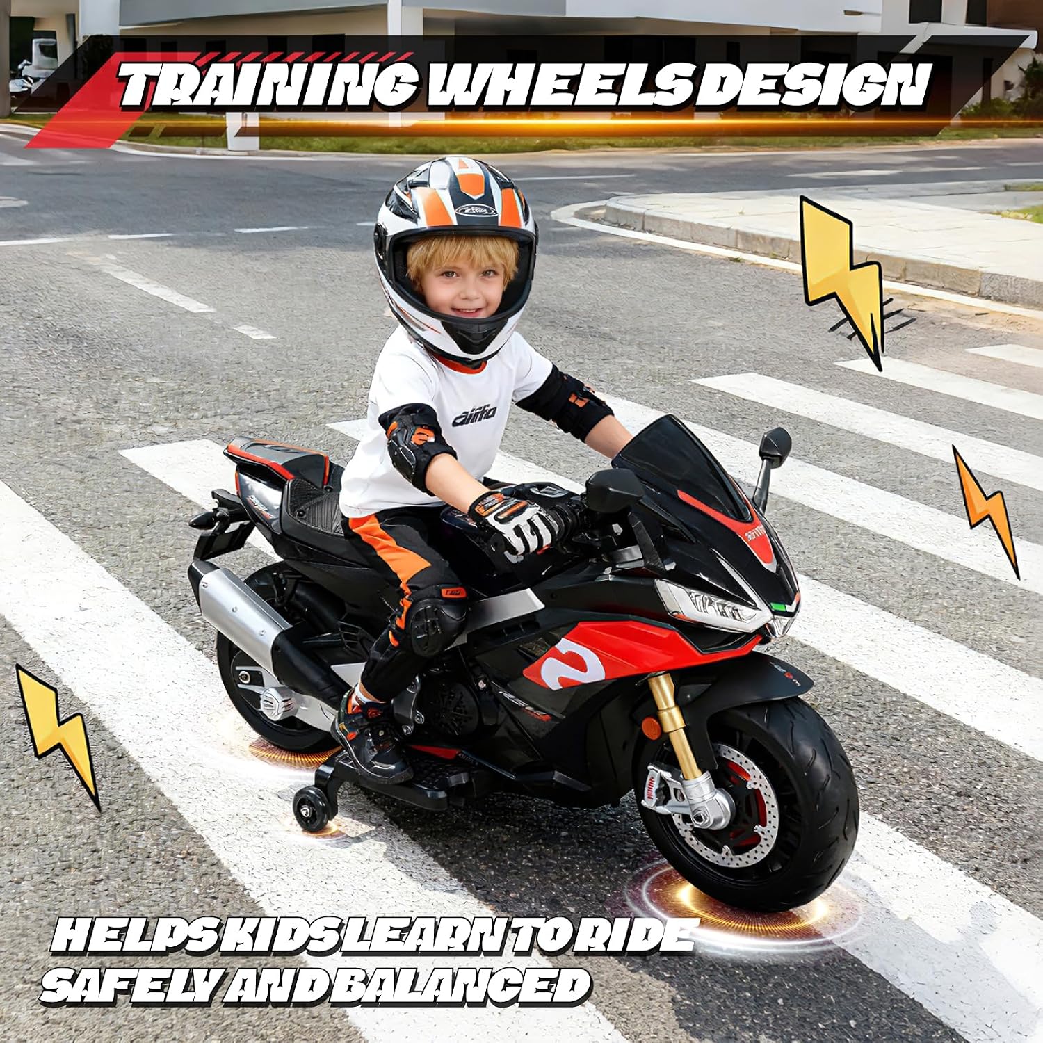 HEIMILI 24V Kids Motorcycle, Aprilia RSV4 Licensed Electric Ride on for 3-6 Years, 51' Large Motorbike with Training Wheels, Bluetooth, Speed 5mph, (Black, 24V(51 * 31 * 22))