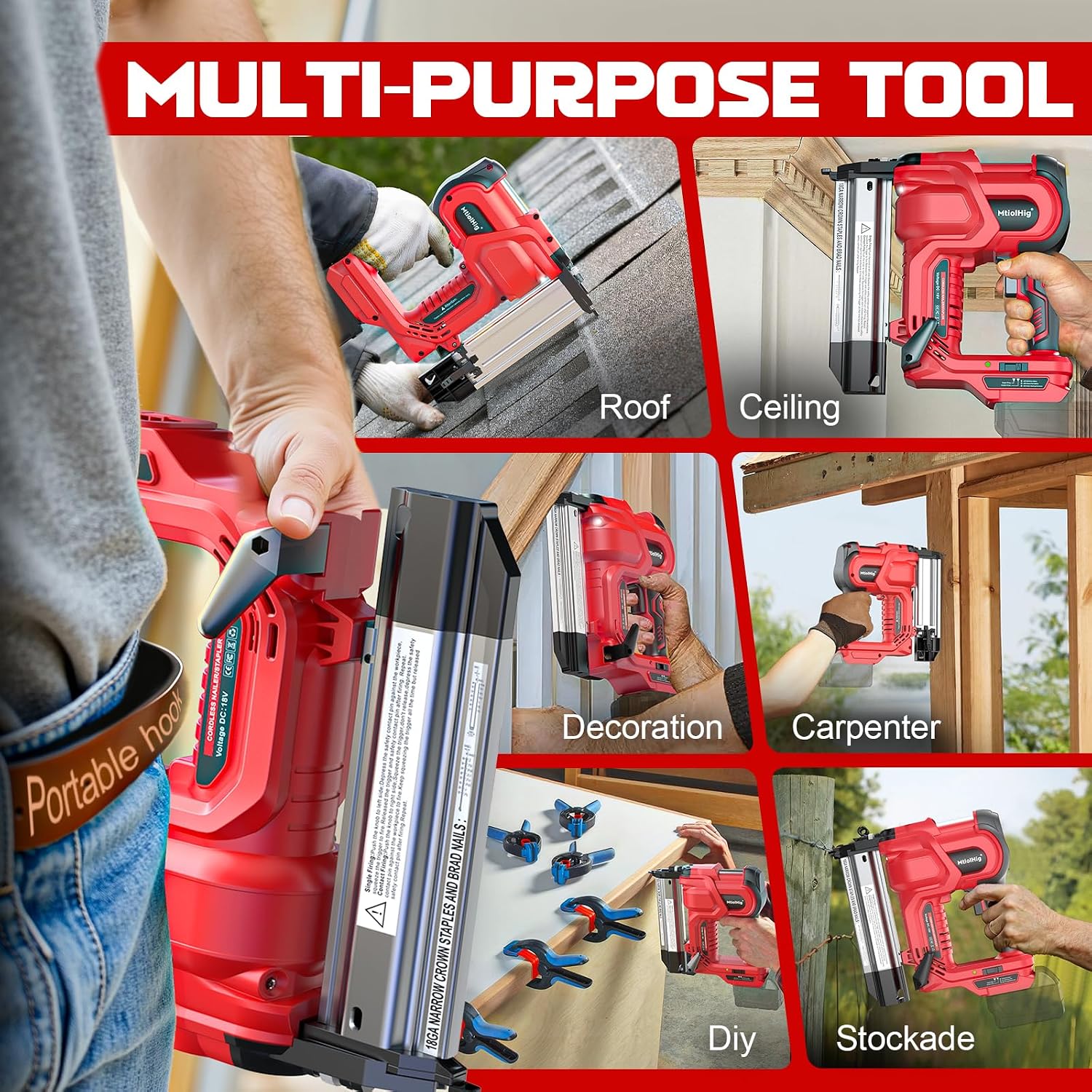 MtiolHig Cordless 2' Brad Nailer Compatible with Milwaukee Battery(No Battery), 2-in-1 Electric Nail Gun/Staple Gun, 18 Gauge Nail Gun Battery Powered with 1000 Nails for Wood Carpentry, 7.2LB