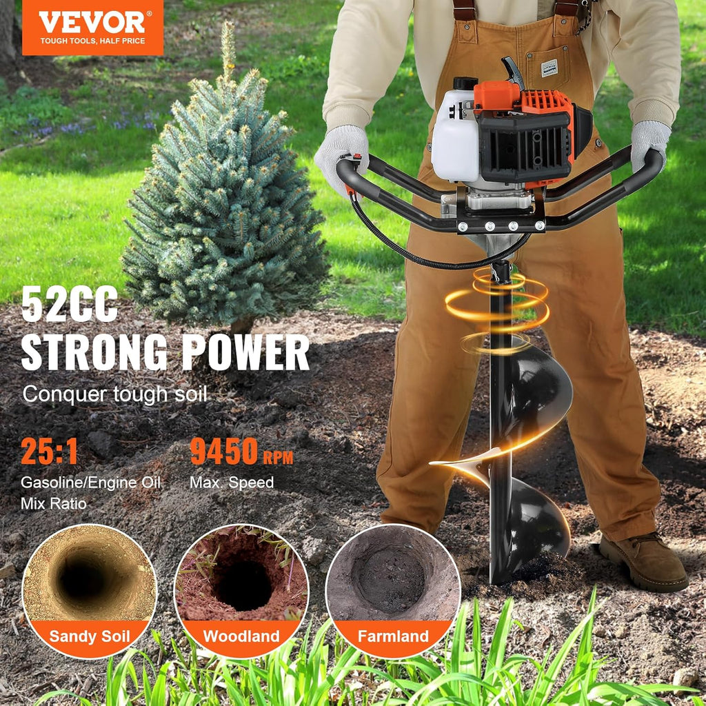 VEVOR Post Hole Digger,52cc 1450W Auger Digger,Gas Powered Earth Digger with Two Drill Bit 6''& 10''and 3 Extension Rods,for Farmland,Garden and Plant,EPA Certification,Black+Orange+White