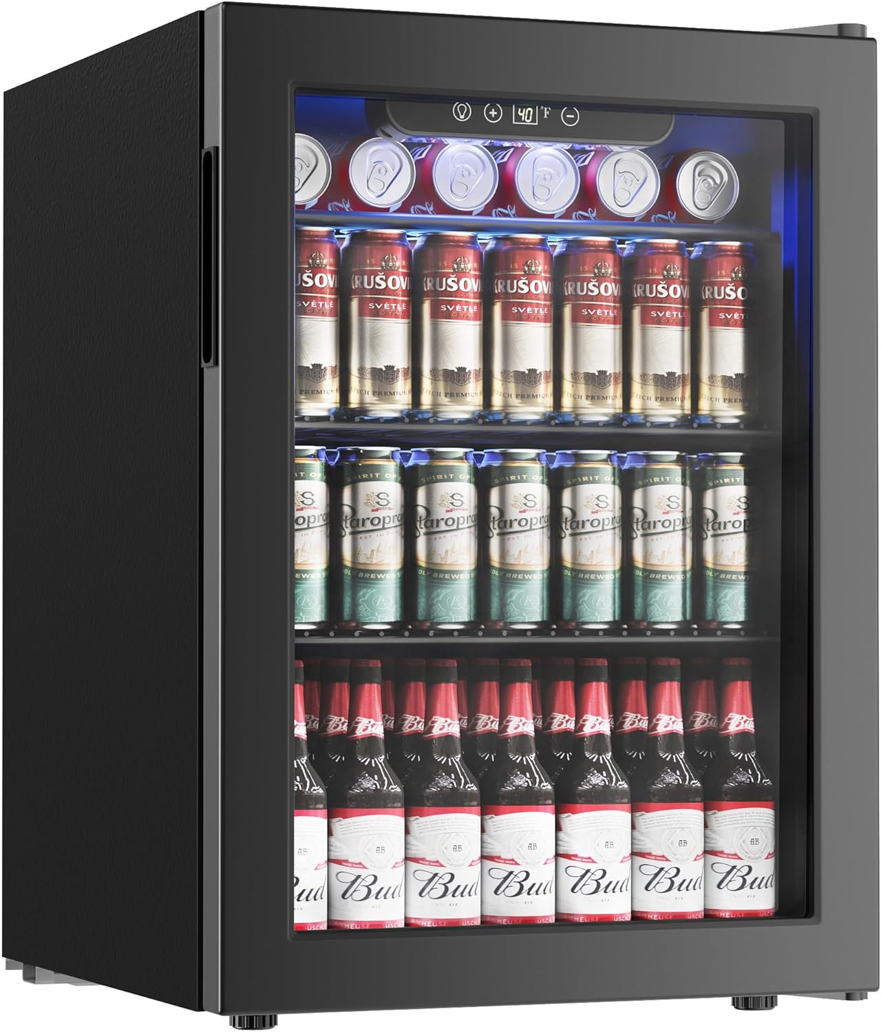 Icyglee 100 Can Beverage Refrigerator Cooler, 2.7 cu.ft Mini Fridge Glass Door for Beer Drinks Wines, Freestanding Beverage Fridge with Adjustable Shelves Blue LED for Home/Office/Dorm/Bar, Black