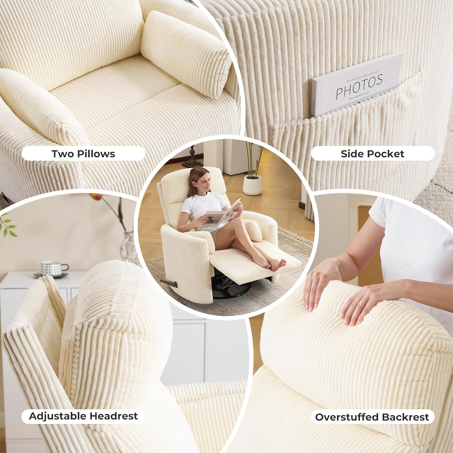 Oversized Swivel Rocker Recliner with Massage and Heat, Swivel Nursery Recliner with Adjustable Headrest, Manual Rocker Recliner Chair with Two Removable Pillows, Rocking Nursery Chair,Corduroy Beige
