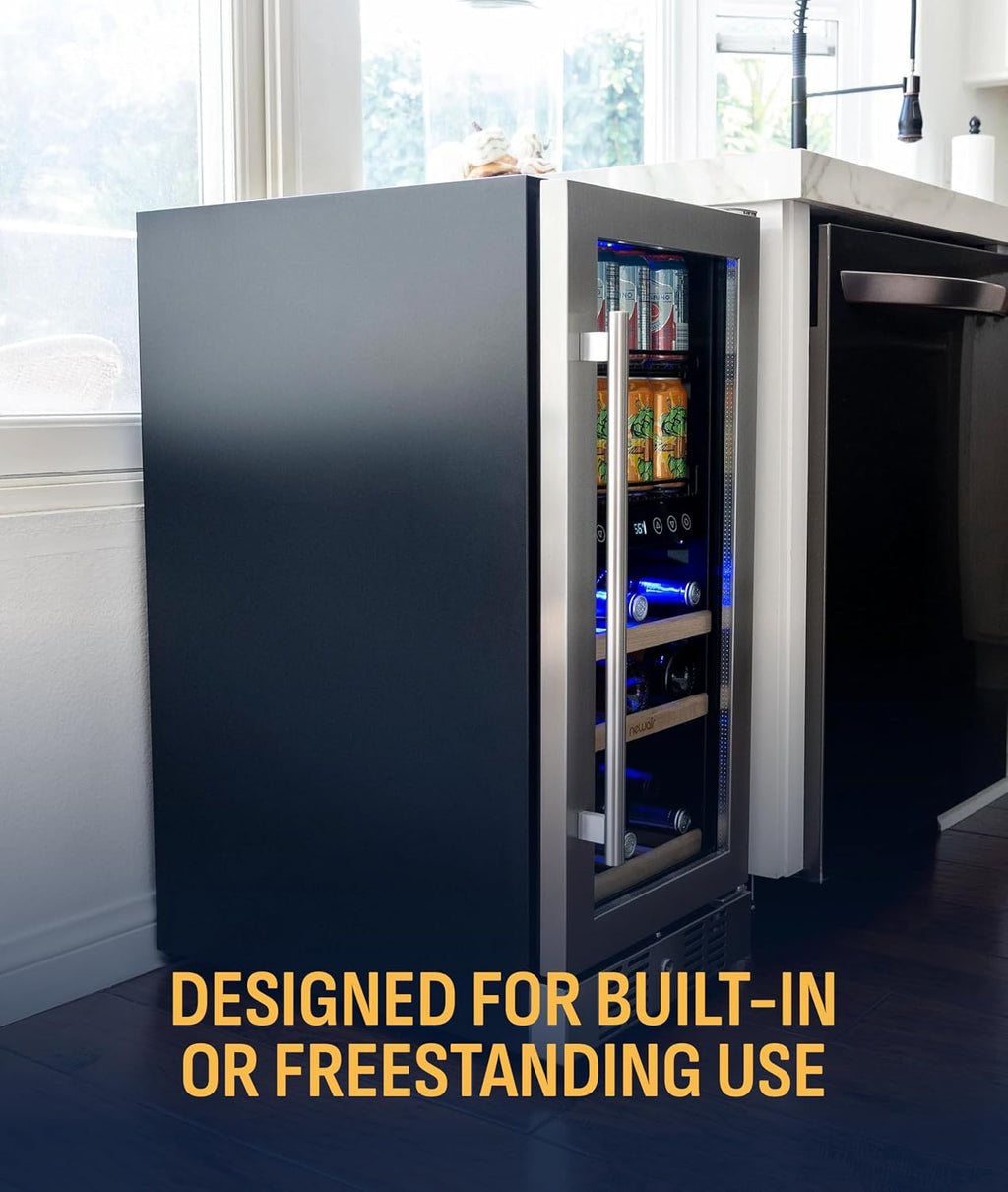 NewAir 15' Dual Zone Beverage Refrigerator & Wine Cooler for 9 Bottles & 48 Cans | Freestanding or Built-In Under Counter Mini Fridge for Beer, Wine and Soda | Stainless Steel