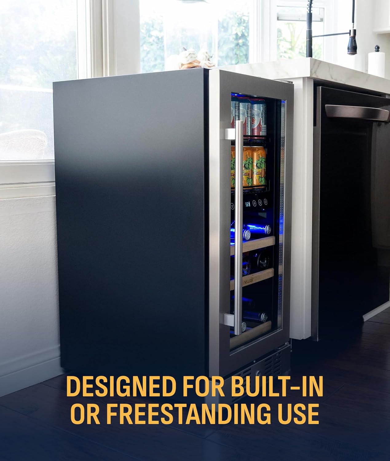 NewAir 15' Dual Zone Beverage Refrigerator & Wine Cooler for 9 Bottles & 48 Cans | Freestanding or Built-In Under Counter Mini Fridge for Beer, Wine and Soda | Stainless Steel