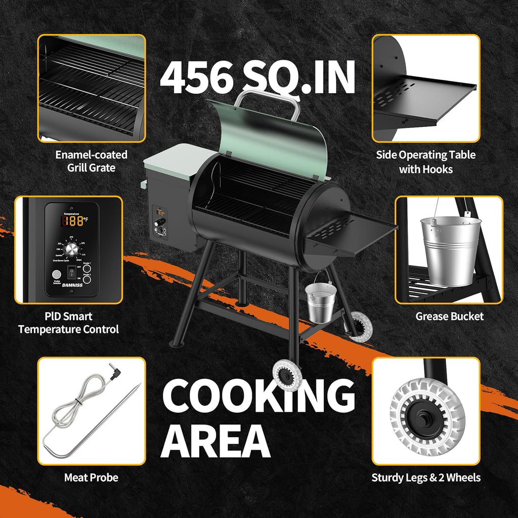 Electric Pellet Grill 456 SQ.IN Cook Area Pellet Smoker with Auto Feed & PID Controller 500°F Max Temperature 8 in 1 BBQ Grill with Meat Probe & Side Table with Hooks Perfect for Outdoor BBQ
