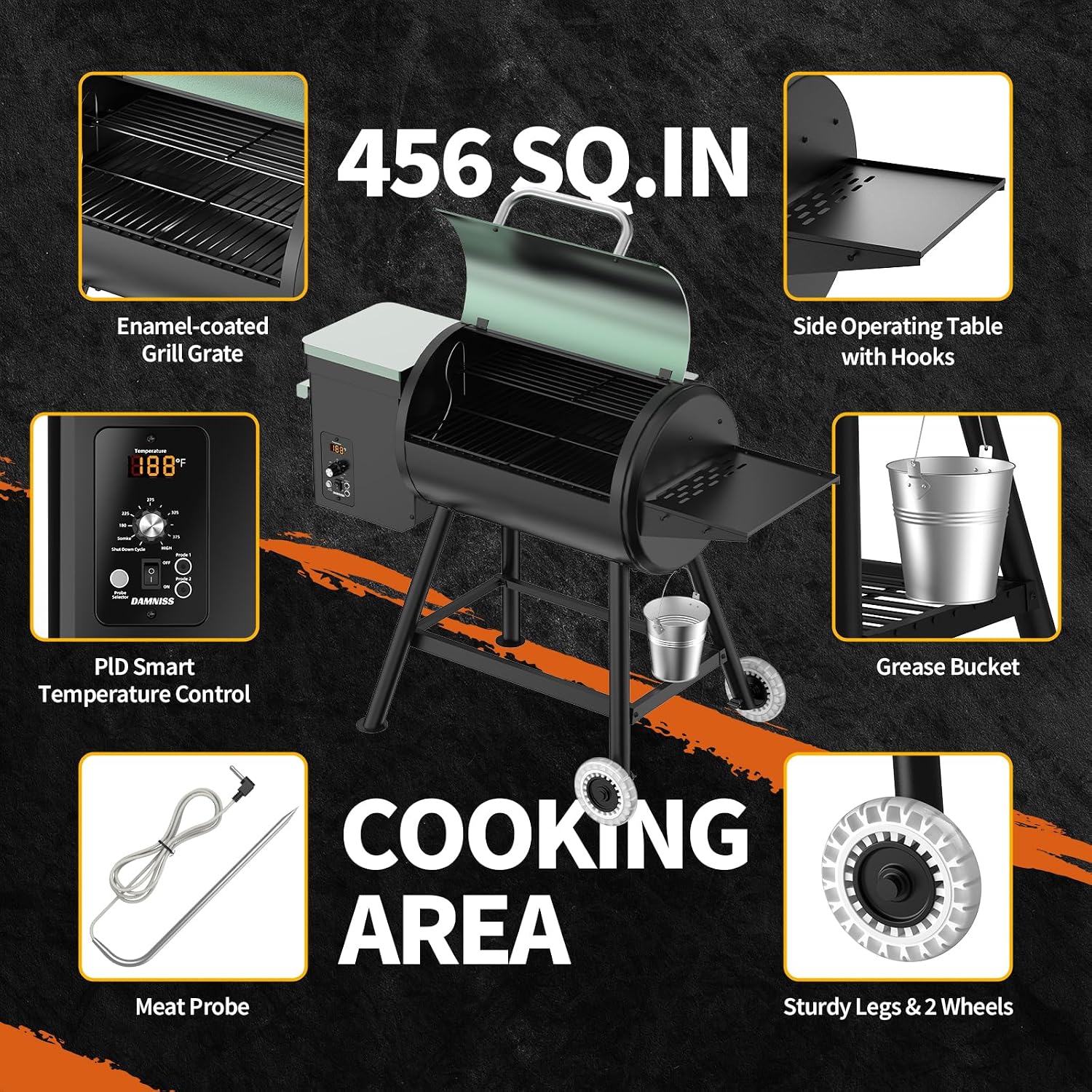 Electric Pellet Grill 456 SQ.IN Cook Area Pellet Smoker with Auto Feed & PID Controller 500°F Max Temperature 8 in 1 BBQ Grill with Meat Probe & Side Table with Hooks Perfect for Outdoor BBQ