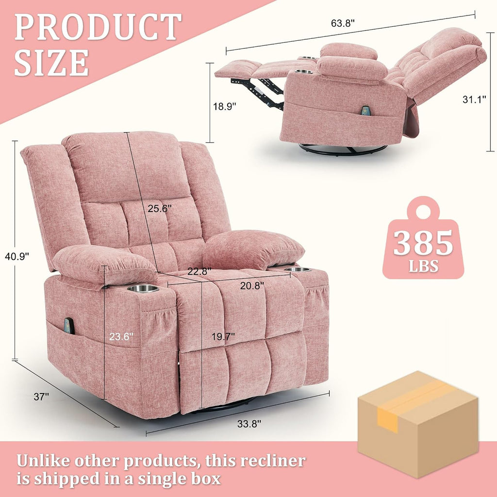 Korser 360° Swivel Rocker Recliner for Adults, Nursery Glider Recliner with Massage and Heating, Rocking Chair with Cup Holder, Manual Recliner Chair for Living Room, Bedroom (Fabric, Pink)