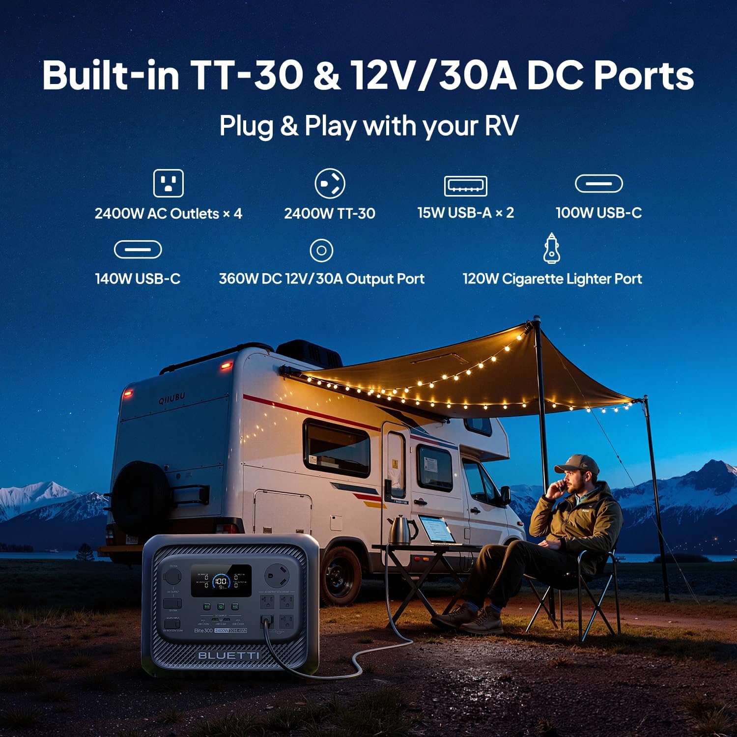 BLUETTI Elite 300 Solar Generator with 2×200W Solar Panels Included (Ship Separately), 3014.4Wh LFP Battery Backup w/ 2400W AC Outlets (4800W Surge), Compact 3kWh for Home Backup, Camping & RV Power