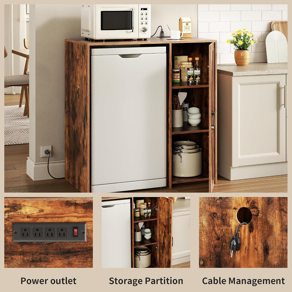 Herture Mini Fridge Cabinet with Storage, Coffee Bar Cabinet with Power Outlet, Fits 24' Wine Fridge, 3-Tier Organizer, Refrigerator Stand for Kitchen, Apartment, or Home Bar Brown KH01MRN